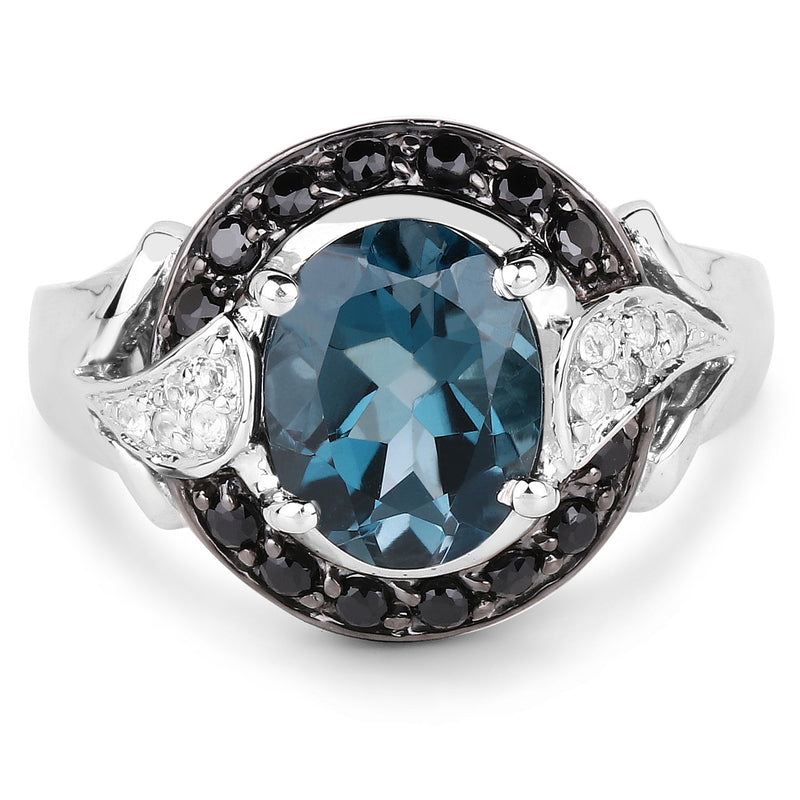 Bids.com 4.27 Carat Genuine London Blue Topaz, Black Spinel & White Topaz .925 Sterling Silver Ring Rings White Smoke size 6.00,size 7.00,size 8.00,size 5.00,size 9.00