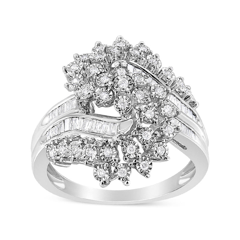 Bids.com 10K White Gold 1/2 Cttw Round and Baguette-Cut "S" Shaped Bypass Cocktail Ring (I-J Color, I1-I2 Clarity) - Size 7 Rings White Smoke 9 / White.Gold,8 / White.Gold,6 / White.Gold,7 / White.Gold
