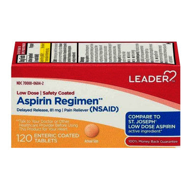 Leader Leader™ Low Dose Aspirin 81 mg - 120 Enteric Coated Tablets - 4 Month Supply Medicine & Drugs Firebrick