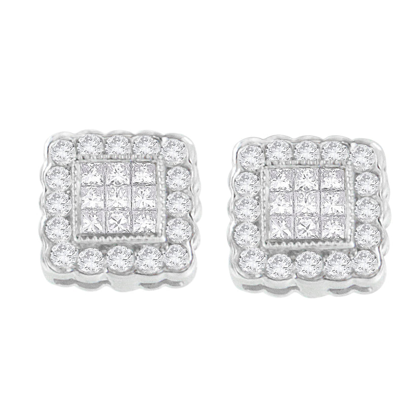 Bids.com 14K White Gold 1.0 Cttw Round Brilliant & Princess Cut Diamond Scallop-Edge Framed Square Halo Stud Earrings (G-H Color, SI1-SI2 Clarity) Earrings Light Gray White.Gold / 1.01