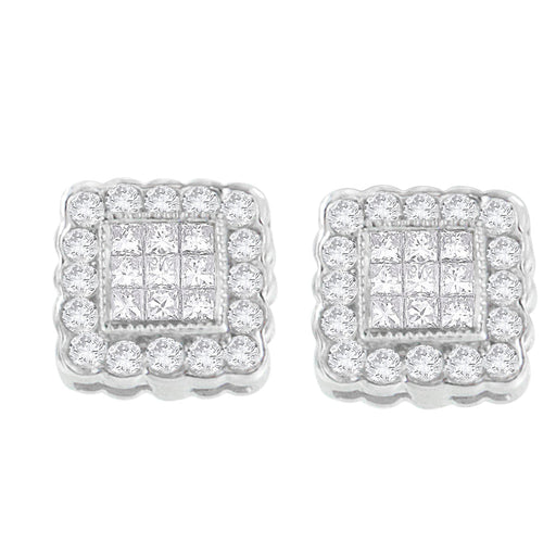 Bids.com 14K White Gold 1.0 Cttw Round Brilliant & Princess Cut Diamond Scallop-Edge Framed Square Halo Stud Earrings (G-H Color, SI1-SI2 Clarity) Earrings Light Gray White.Gold / 1.01