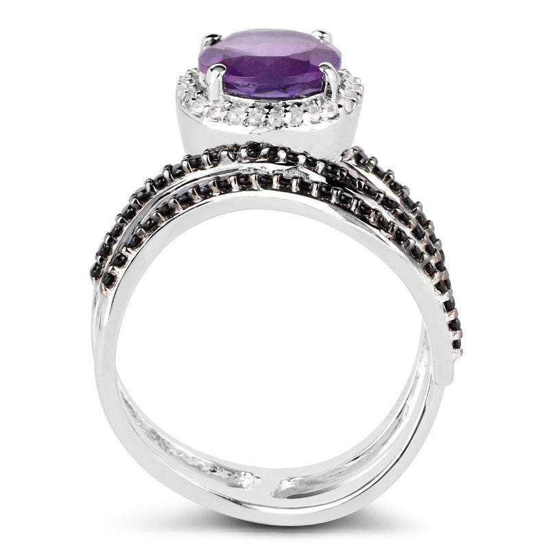 Bids.com 2.31 Carat Genuine Amethyst, Black Spinel and White Diamond .925 Sterling Silver Ring Rings White Smoke size 7.00,size 5.00,size 6.00,size 8.00,size 9.00