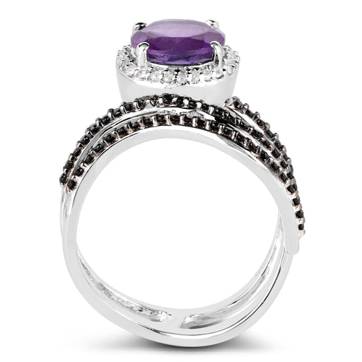 Bids.com 2.31 Carat Genuine Amethyst, Black Spinel and White Diamond .925 Sterling Silver Ring Rings White Smoke size 7.00,size 5.00,size 6.00,size 8.00,size 9.00