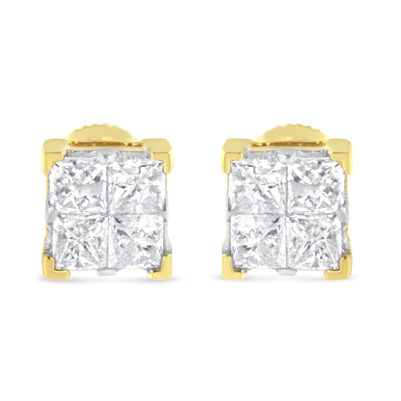 Bids.com 10K Yellow Gold 3/4 Cttw Invisible Set Princess-Cut Diamond Composite Square Stud Earrings (I-J Color, I2-I3 Clarity) Earrings White Smoke Yellow.Gold / 0.75