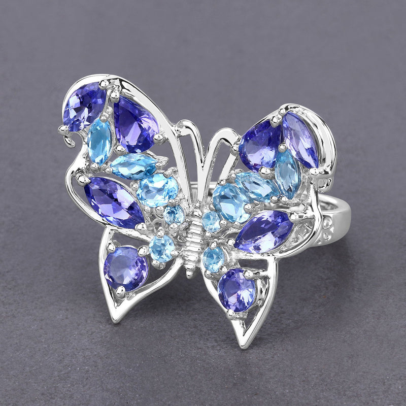 Bids.com 3.60 Carat Genuine Tanzanite and Swiss Blue Topaz .925 Sterling Silver Ring Rings Dim Gray size 6.00,size 7.00,size 8.00