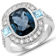 Bids.com "5.27 Carat Genuine London Blue Topaz, Swiss Blue Topaz and White Diamond .925 Sterling Silver Ring Rings White Smoke size 5.00,size 6.00,size 7.00,size 8.00,size 9.00