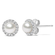 Bids.com 10K White Gold 4.5mm Cultured Freshwater Pearl and 1/7 Cttw Diamond Halo Stud Earring (I-J Color, I1-I2 Clarity) Earrings White Smoke White.Gold / 0.136