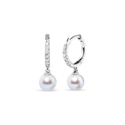 Bids.com 10K White Gold 6x6 MM Cultured Freshwater Pearl and Diamond Accent Drop Huggy Earring (H-I Color, I1-I2 Clarity) Earrings White Smoke White.Gold / 0.12