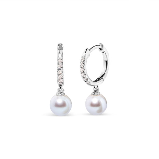 Bids.com 10K White Gold 6x6 MM Cultured Freshwater Pearl and Diamond Accent Drop Huggy Earring (H-I Color, I1-I2 Clarity) Earrings White Smoke White.Gold / 0.12