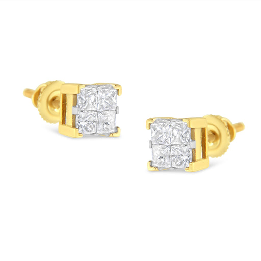 Bids.com 10K Yellow Gold 3/4 Cttw Invisible Set Princess-Cut Diamond Composite Square Stud Earrings (I-J Color, I2-I3 Clarity) Earrings White Smoke Yellow.Gold / 0.75