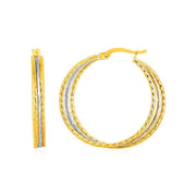 Bids.com Three Part Textured Hoop Earrings in 14k Yellow and White Gold Earrings White Smoke Two-Tone Gold