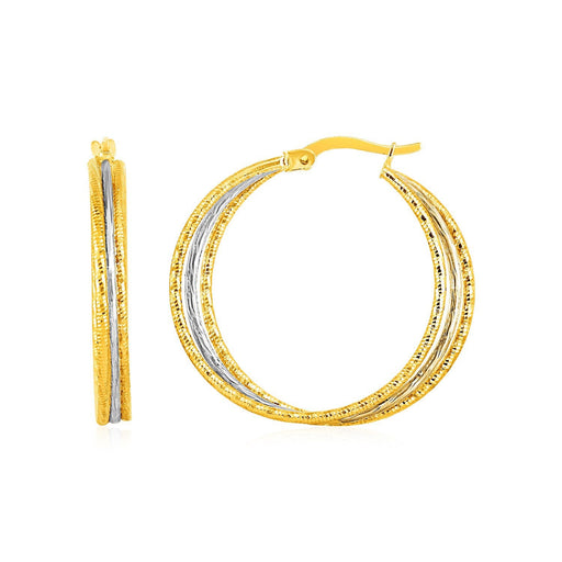 Bids.com Three Part Textured Hoop Earrings in 14k Yellow and White Gold Earrings White Smoke Two-Tone Gold