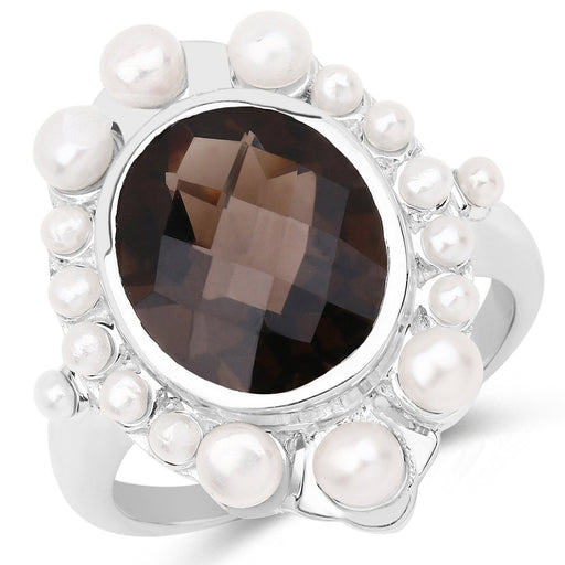 Bids.com 5.75 Carat Genuine Smoky Quartz and Pearl .925 Sterling Silver Ring Rings White Smoke size 7.00,size 6.00,size 8.00,size 9.00