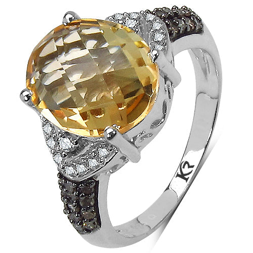 Bids.com 4.69 Carat Genuine Citrine, Champagne Diamond & White Diamond .925 Sterling Silver Ring Rings White Smoke size 8.00,size 6.00,size 7.00,size 9.00