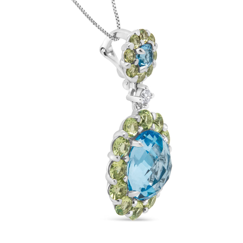 Bids.com 18k White Gold 0.05 Cttw Round Diamond and Blue Topaz and Green Peridot Gemstone Halo Drop 18" Pendant Necklace (F-G Color, VS1-VS2 Clarity) Necklaces White Smoke White.Gold / 18