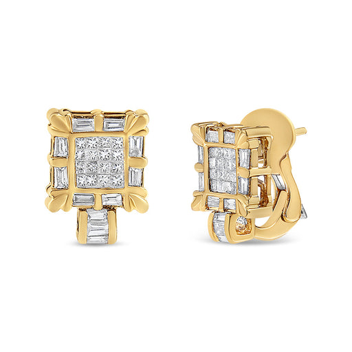 Bids.com 14K Yellow Gold 7/8 Cttw Princess and Baguette-Cut Diamond Square Framed Huggie Hoop Omega Earrings (H-I Color, SI1-SI2 Clarity) Earrings White Smoke Yellow.Gold / 0.93