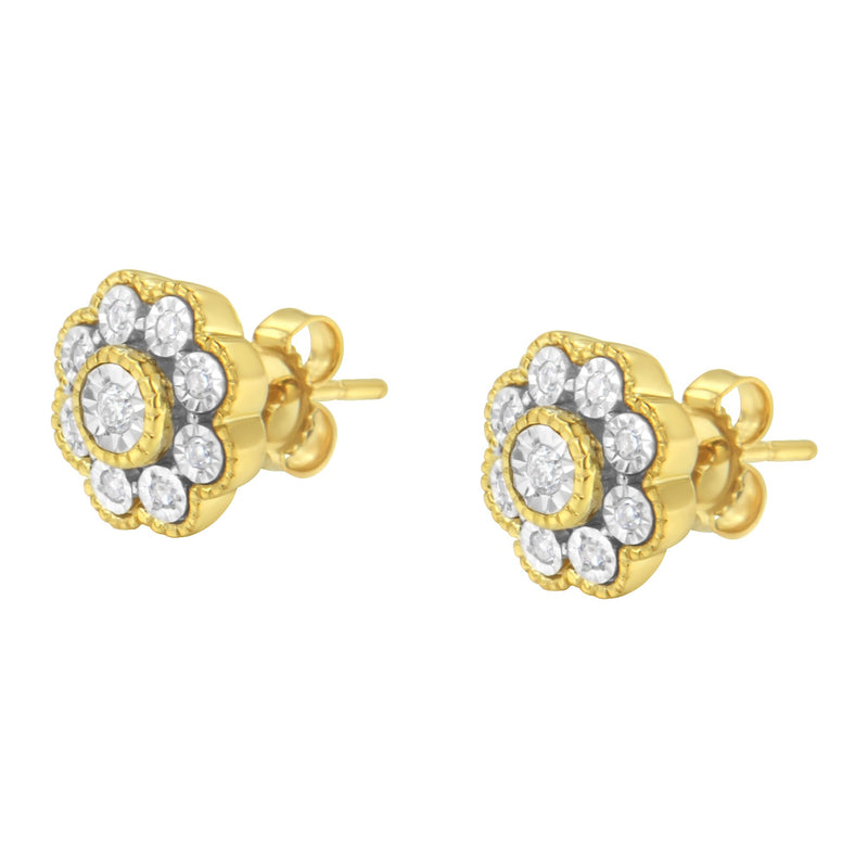 Bids.com 14K Yellow Gold Plated .925 Sterling Silver 1/6 Cttw Miracle-Plate Set Diamond Floral Stud Earrings (I-J Color, I2-I3 Clarity) Earrings White Smoke Yellow.Sterling Silver / 0.15
