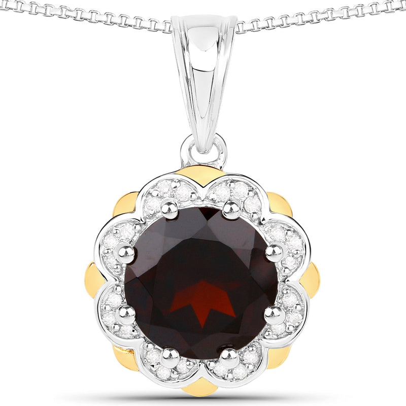 Bids.com 2.32 Carat Genuine Garnet and White Diamond 14K Yellow Gold with .925 Sterling Silver Pendant Pendants White Smoke