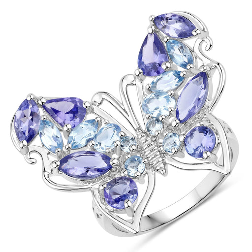 Bids.com 3.60 Carat Genuine Tanzanite and Swiss Blue Topaz .925 Sterling Silver Ring Rings White Smoke size 6.00,size 7.00,size 8.00