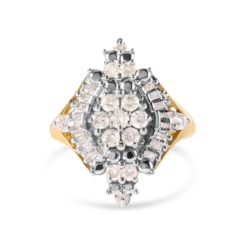 Bids.com 10K Yellow Gold 1 Cttw Round and Baguette cut Diamond Cluster and Rhombus Halo Ring (H-I Color, I1-I2 Clarity) - Ring Size 7 Rings White Smoke 7 / Yellow.Gold