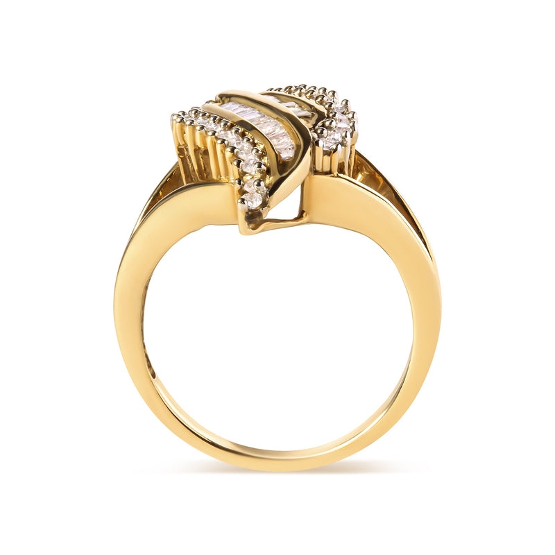 Bids.com 10K Yellow Gold 1/2 Cttw Round and Baguette Cut Diamond Cocktail Ring (H-I Color, I1-I2 Clarity) Rings White Smoke 7 / Yellow.Gold