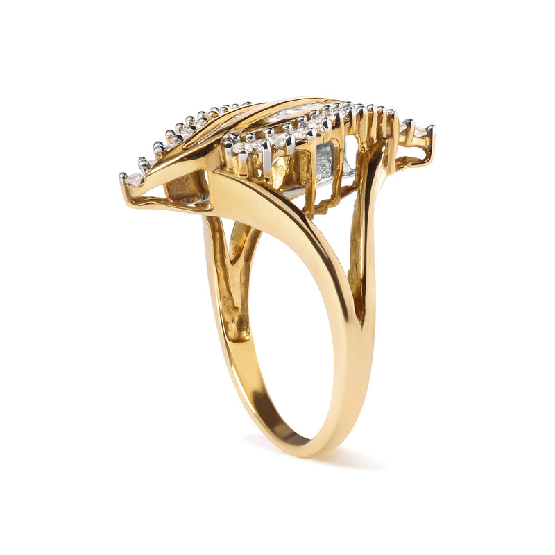 Bids.com 10K Yellow Gold 1/2 Cttw Round and Baguette Cut Diamond Cocktail Ring (H-I Color, I1-I2 Clarity) Rings White Smoke 7 / Yellow.Gold