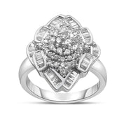 Bids.com 14K White Gold 7/8 Cttw Round and Baguette-Cut Diamond Cluster Ring (H-I Color, SI2-I1 Clarity) - Size 7 Rings White Smoke 7 / White.Gold