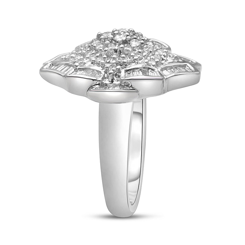 Bids.com 14K White Gold 7/8 Cttw Round and Baguette-Cut Diamond Cluster Ring (H-I Color, SI2-I1 Clarity) - Size 7 Rings White Smoke 7 / White.Gold