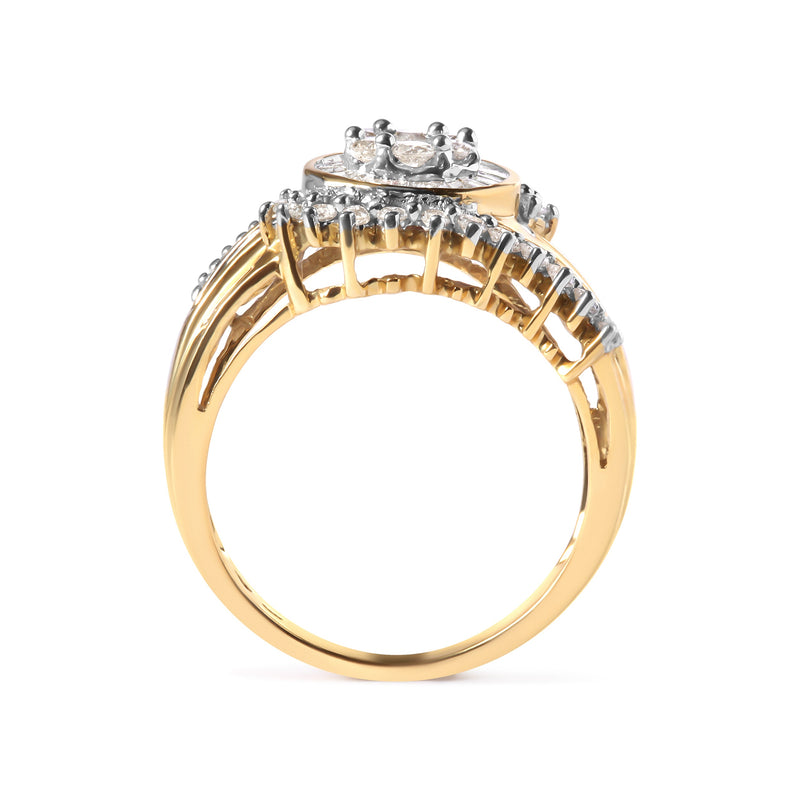 Bids.com 10K Yellow Gold 1 Cttw Round and Baguette cut Diamond Cluster Swirl Band Ring (H-I Color, I1-I2 Clarity) - Ring Size 7 Rings White Smoke 7 / Yellow.Gold