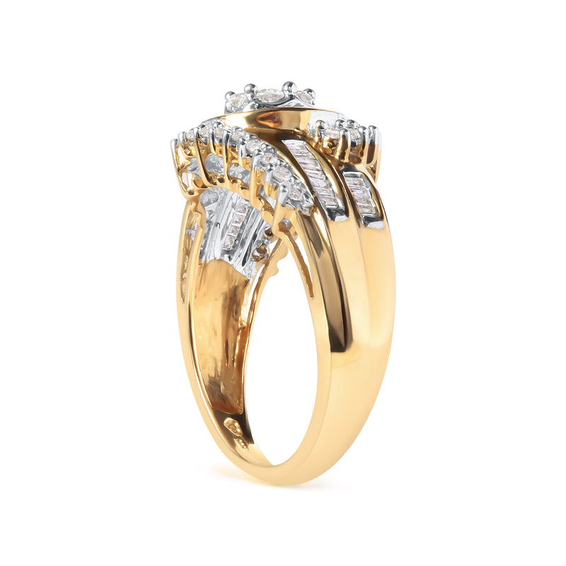 Bids.com 10K Yellow Gold 1 Cttw Round and Baguette cut Diamond Cluster Swirl Band Ring (H-I Color, I1-I2 Clarity) - Ring Size 7 Rings White Smoke 7 / Yellow.Gold