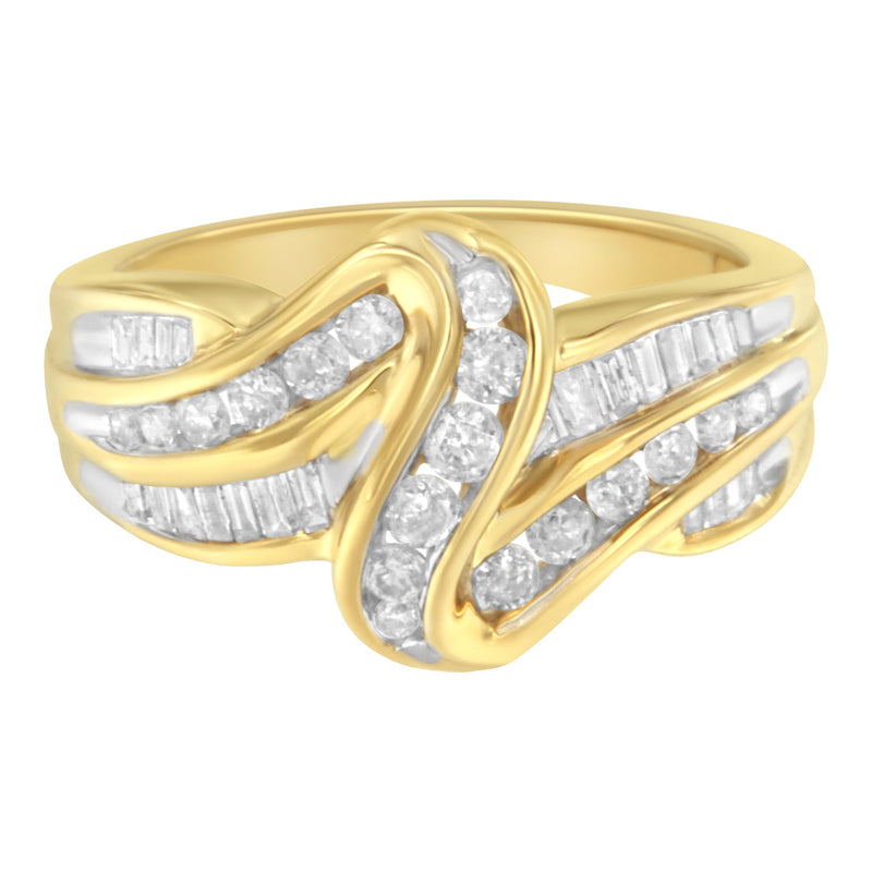 Bids.com 10K Yellow Gold 3/4 Cttw Channel Set Round and Baguette-cut Diamond Double Shank Bypass Ring (J-K Color, I1-I2 Clarity) - Size 6.75 Rings White Smoke 7 / Yellow.Gold,7.25 / Yellow.Gold,6.75 / Yellow.Gold