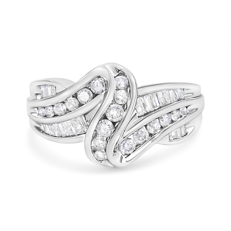 Bids.com 10K White Gold Ring 3/4 Cttw Round and Baguette-Cut Diamond Bypass Ring (H-I Color, I2-I3 Clarity) - Size 6 Rings White Smoke 7 / White.Gold,8 / White.Gold,6 / White.Gold