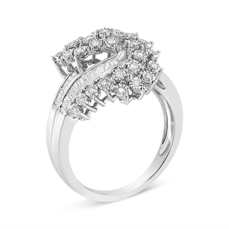 Bids.com 10K White Gold 1/2 Cttw Round and Baguette-Cut "S" Shaped Bypass Cocktail Ring (I-J Color, I1-I2 Clarity) - Size 7 Rings White Smoke 9 / White.Gold,8 / White.Gold,6 / White.Gold,7 / White.Gold