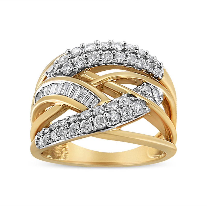 Bids.com 10K Yellow and White Gold 1.0 Cttw Round and Baguette-Cut Diamond Multirow Interwoven Cocktail Ring (I-J Color, I2-I3 Quality) - Size 7 Rings White Smoke 6 / YellowWhite.Gold,9 / YellowWhite.Gold,8 / YellowWhite.Gold,7 / YellowWhite.Gold