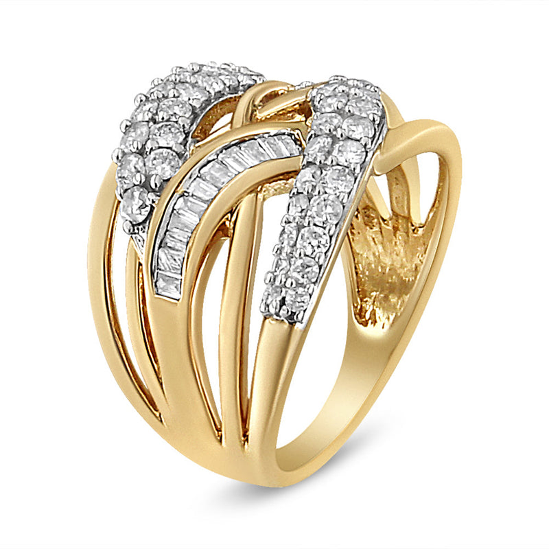 Bids.com 10K Yellow and White Gold 1.0 Cttw Round and Baguette-Cut Diamond Multirow Interwoven Cocktail Ring (I-J Color, I2-I3 Quality) - Size 7 Rings White Smoke 6 / YellowWhite.Gold,9 / YellowWhite.Gold,8 / YellowWhite.Gold,7 / YellowWhite.Gold