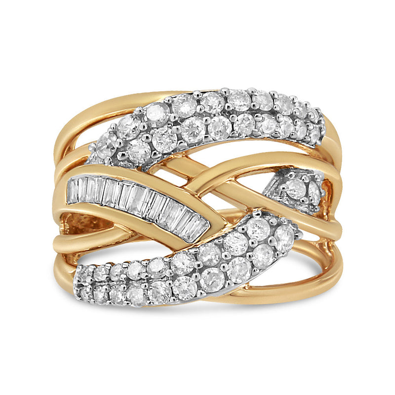 Bids.com 10K Yellow and White Gold 1.0 Cttw Round and Baguette-Cut Diamond Multirow Interwoven Cocktail Ring (I-J Color, I2-I3 Quality) - Size 7 Rings White Smoke 6 / YellowWhite.Gold,9 / YellowWhite.Gold,8 / YellowWhite.Gold,7 / YellowWhite.Gold