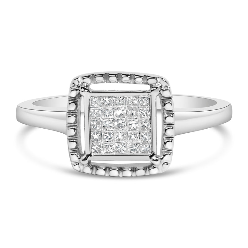 Bids.com .925 Sterling Silver 1/5 Cttw Invisible Set Princess Cut Diamond Promise Ring with Beaded Halo (H-I Color, I1-I2 Clarity) - Ring Size 7 Rings White Smoke 7 / White.Sterling Silver,6 / White.Sterling Silver,8 / White.Sterling Silver,9 / White.Sterling Silver