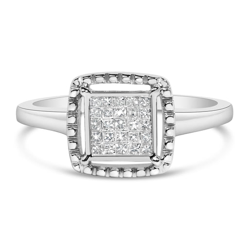 Bids.com .925 Sterling Silver 1/5 Cttw Invisible Set Princess Cut Diamond Promise Ring with Beaded Halo (H-I Color, I1-I2 Clarity) - Ring Size 7 Rings White Smoke 7 / White.Sterling Silver,6 / White.Sterling Silver,8 / White.Sterling Silver,9 / White.Sterling Silver