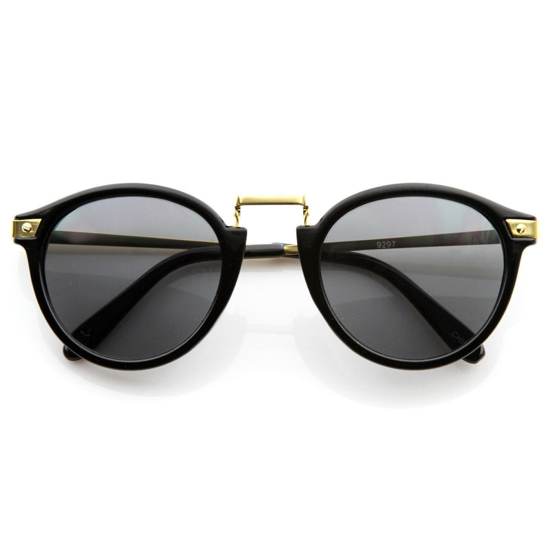 zeroUV Vintage Steampunk Inspired Round Horned Rim Frame Sunglasses 8591 Sunglasses White Smoke Shiny Black Gold