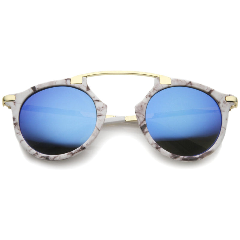 zeroUV Arched Marble Pattern P3 Mirrored Lens Round Sunglasses A218 Sunglasses White Smoke White Gold Blue Mirror