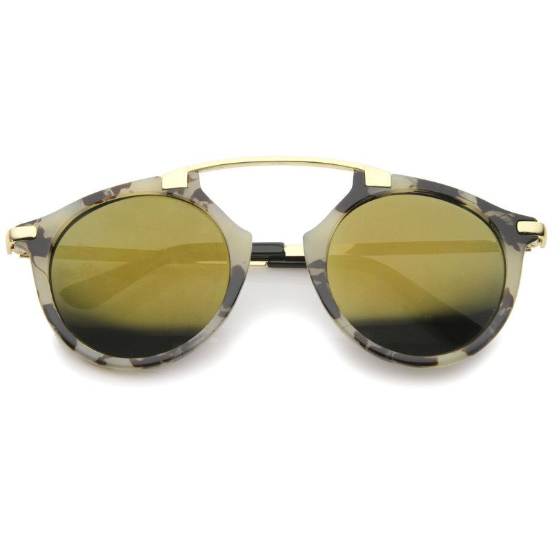 zeroUV Arched Marble Pattern P3 Mirrored Lens Round Sunglasses A218 Sunglasses White Smoke Creme Gold Brown Mirror