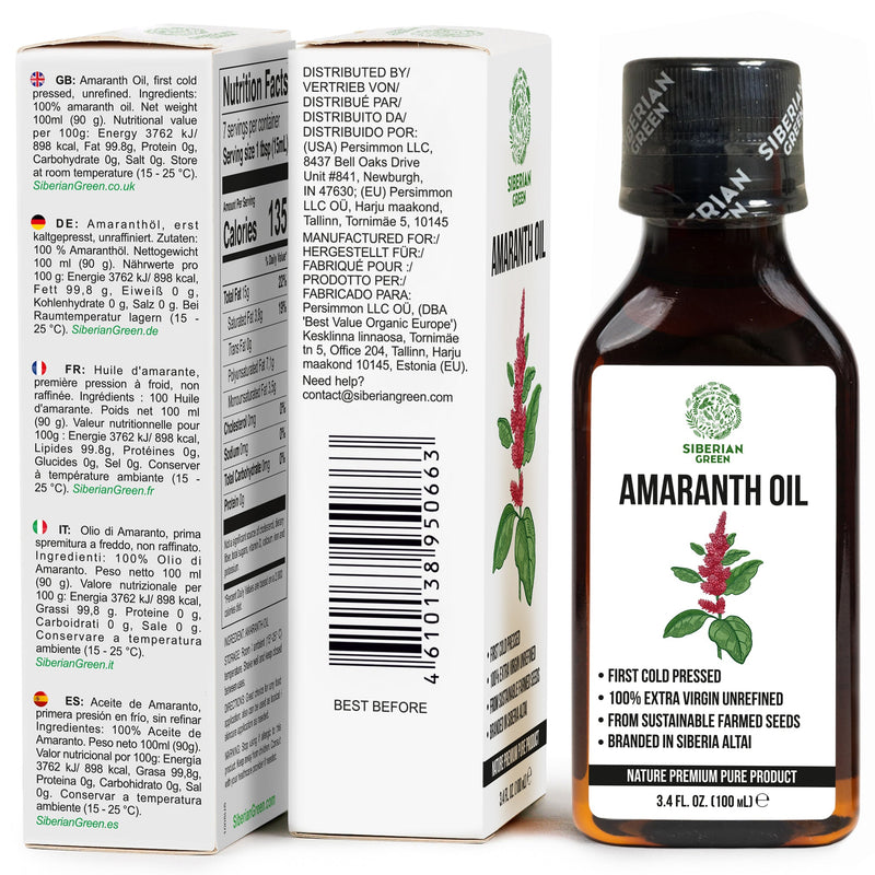 SiberianGreen.com Amaranth Seed Oil 100 ml - Extra Virgin, Cold-Pressed, Premium Quality Cooking Oils White Smoke