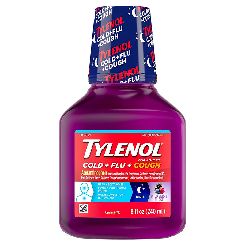 Tylenol Tylenol Cold + Flu + Cough Night Wild Berry Burst Liquid For Adults, 8 Fl Oz Medicine & Drugs White Smoke