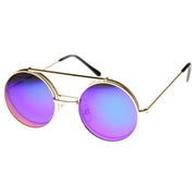 zeroUV Retro Round Steampunk Mirrored Lens Flip Up Sunglasses 8966 Sunglasses White Smoke Gold Orange,Silver Fire,Black Fire,Silver Ice,Gold Midnight,Gold Purple,Gold Ice,Black Ice,Black Midnight,Gold Rainbow,Black Rainbow