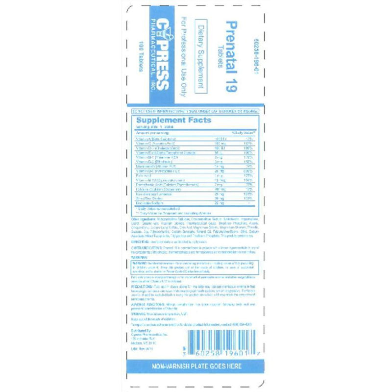 Cypress Pharmaceutical Cypress Pharmaceutical Prenatal 19 Cpl 100 By Pharma Medicine & Drugs Alice Blue