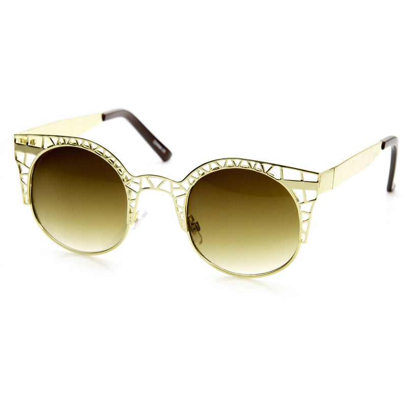 zeroUV Women's Indie Round Metal Laser Cut Mesh Cat Eye 9432 Sunglasses White Smoke Gold,Black,Silver,Rose Gold,Silver White Smoke,Gold White Smoke