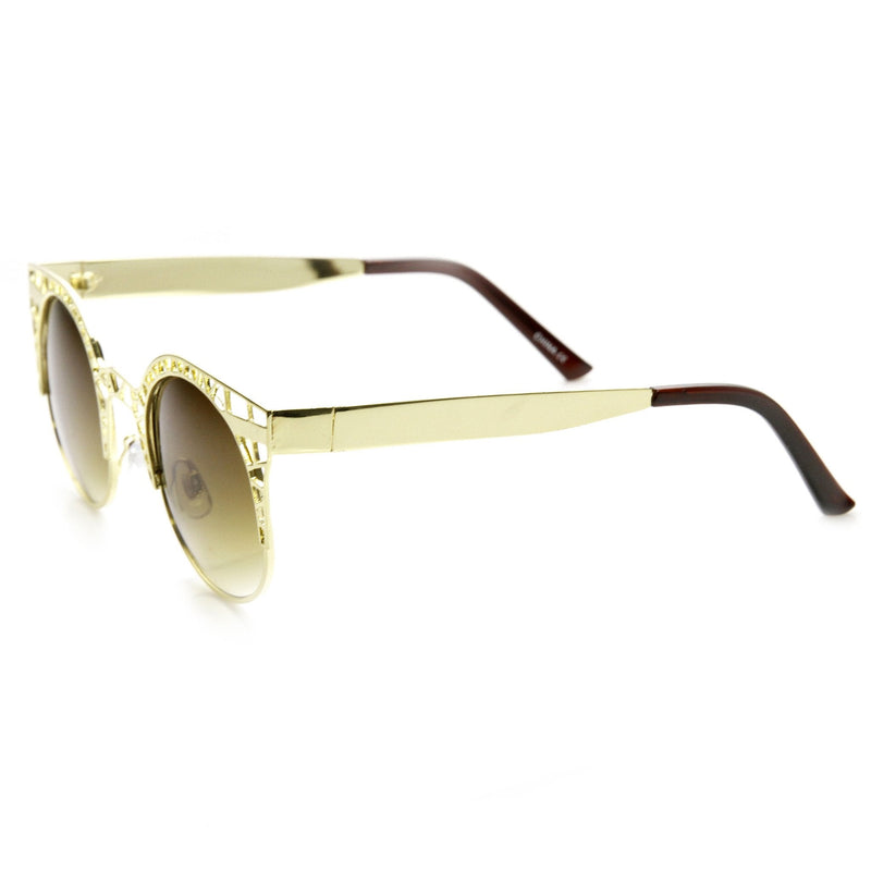 zeroUV Women's Indie Round Metal Laser Cut Mesh Cat Eye 9432 Sunglasses White Smoke Gold,Black,Silver,Rose Gold,Silver White Smoke,Gold White Smoke