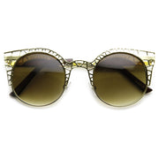 zeroUV Women's Indie Round Metal Laser Cut Mesh Cat Eye 9432 Sunglasses White Smoke Gold