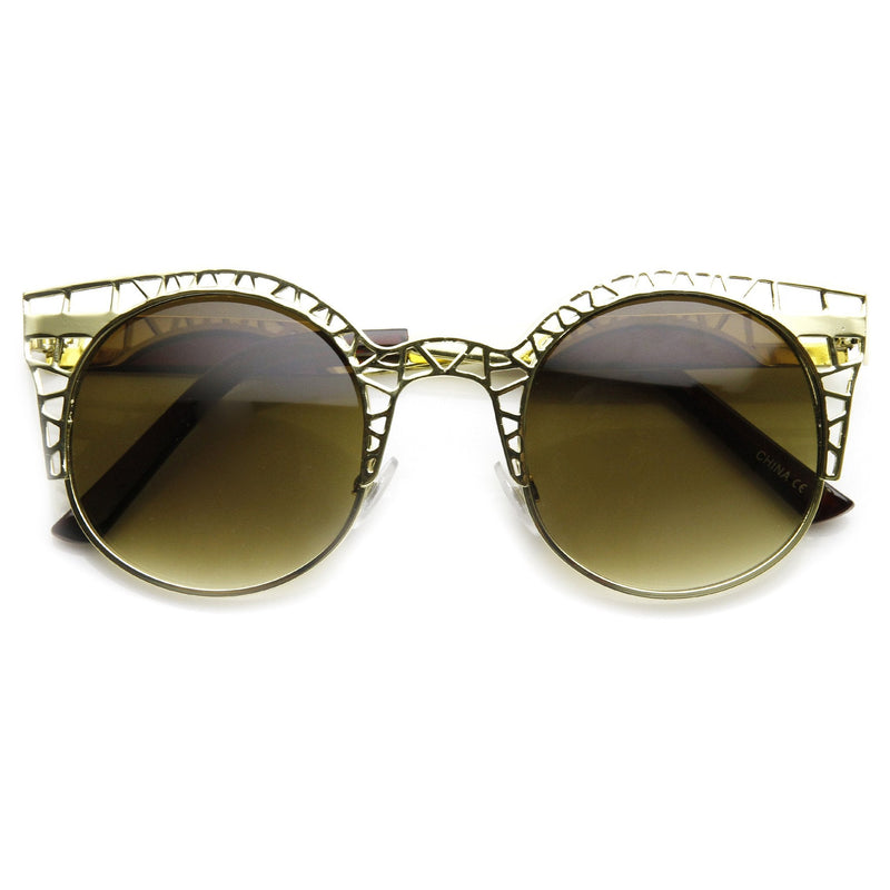 zeroUV Women's Indie Round Metal Laser Cut Mesh Cat Eye 9432 Sunglasses White Smoke Gold