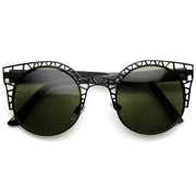 zeroUV Women's Indie Round Metal Laser Cut Mesh Cat Eye 9432 Sunglasses White Smoke Black